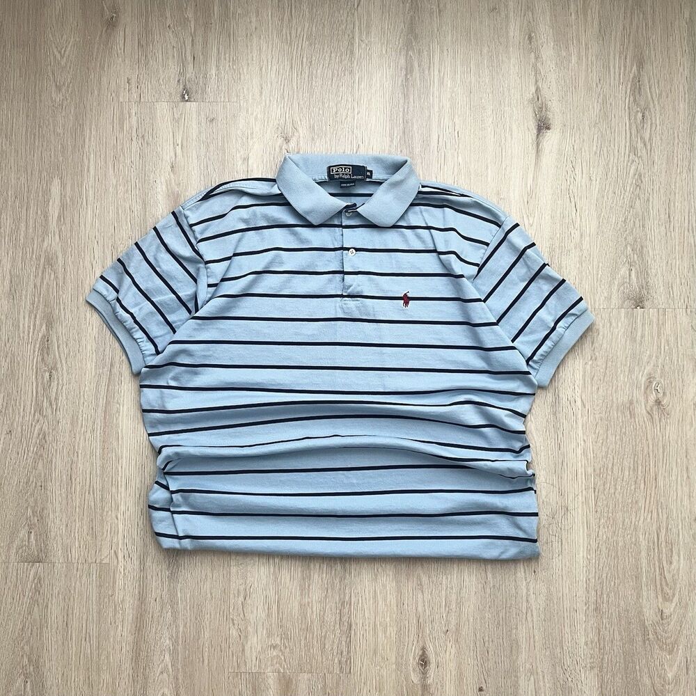 Vintage Polo Ralph Lauren Polo Shirt Mens XL Blue Black Striped Short Sleeve